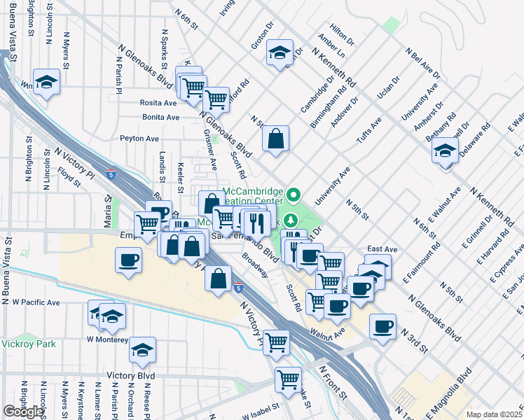 map of restaurants, bars, coffee shops, grocery stores, and more near 1555 Scott Road in Burbank
