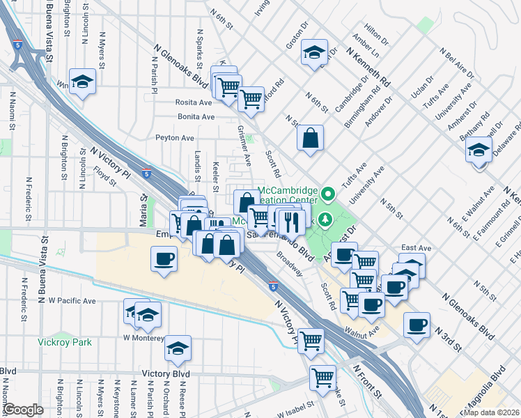 map of restaurants, bars, coffee shops, grocery stores, and more near 1620 North San Fernando Boulevard in Burbank