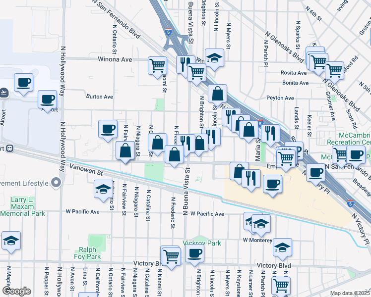 map of restaurants, bars, coffee shops, grocery stores, and more near 2011 North Buena Vista Street in Burbank