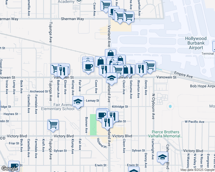 map of restaurants, bars, coffee shops, grocery stores, and more near 6714 Ensign Avenue in Los Angeles