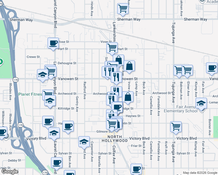 map of restaurants, bars, coffee shops, grocery stores, and more near 6714 Simpson Avenue in Los Angeles