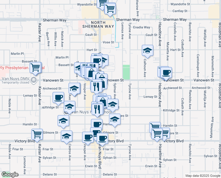 map of restaurants, bars, coffee shops, grocery stores, and more near 6715 Sylmar Avenue in Los Angeles