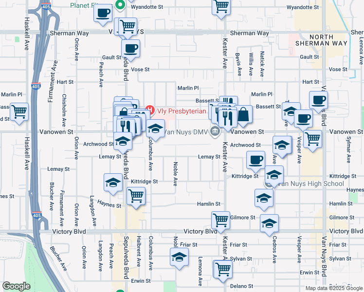 map of restaurants, bars, coffee shops, grocery stores, and more near 15031 Lemay Street in Los Angeles