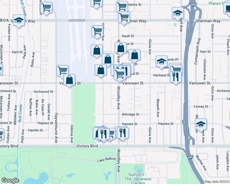 map of restaurants, bars, coffee shops, grocery stores, and more near 6710 Woodley Avenue in Los Angeles