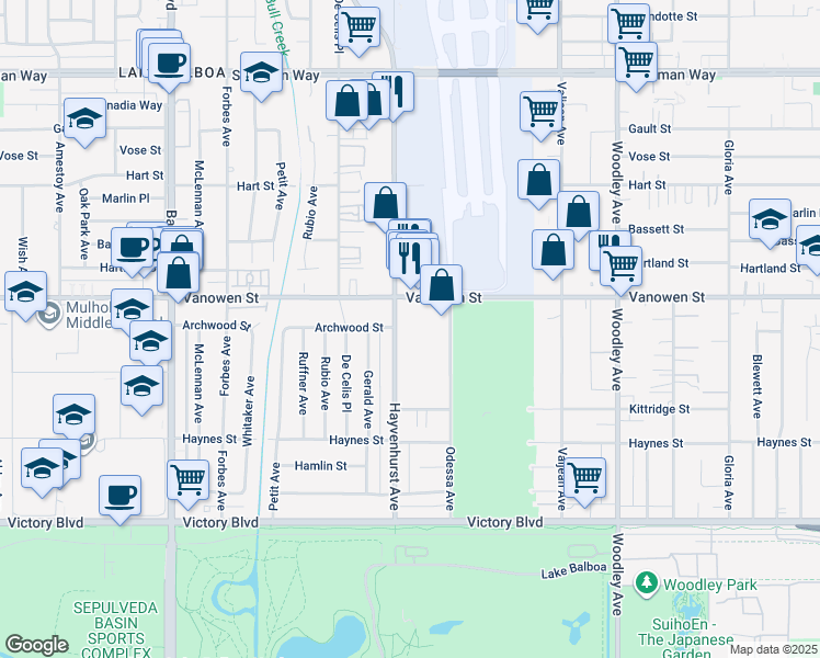 map of restaurants, bars, coffee shops, grocery stores, and more near 6719 Hayvenhurst Avenue in Los Angeles