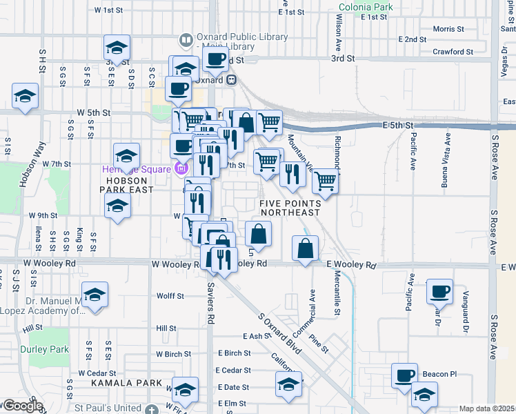 map of restaurants, bars, coffee shops, grocery stores, and more near 205 East Driffill Boulevard in Oxnard