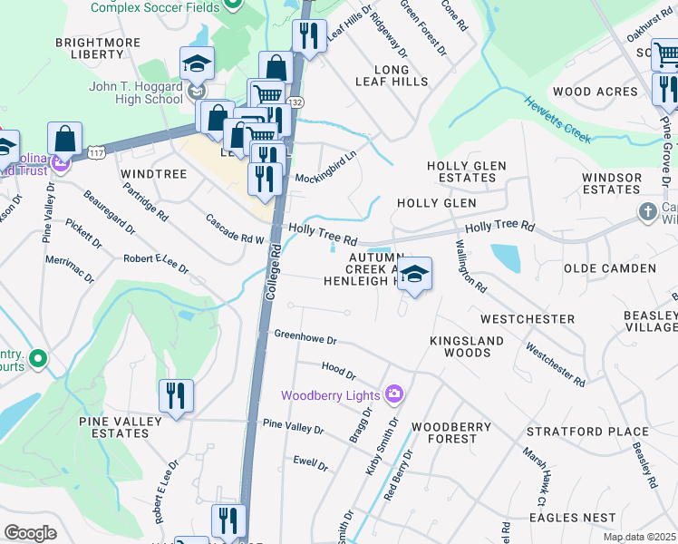 map of restaurants, bars, coffee shops, grocery stores, and more near 4614 Bentley Drive in Wilmington