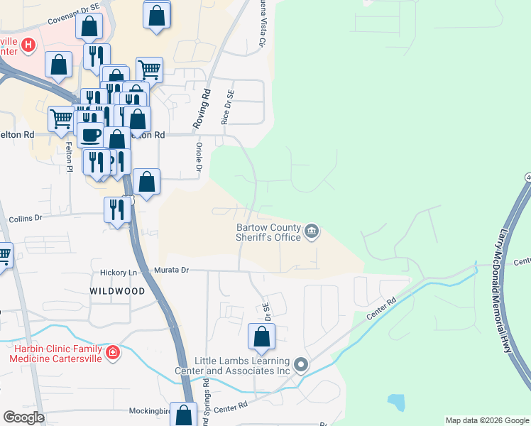 map of restaurants, bars, coffee shops, grocery stores, and more near 290 East Felton Road in Cartersville
