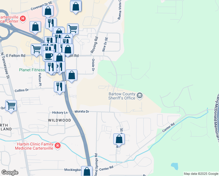 map of restaurants, bars, coffee shops, grocery stores, and more near 1600 Stonehaven Circle in Cartersville