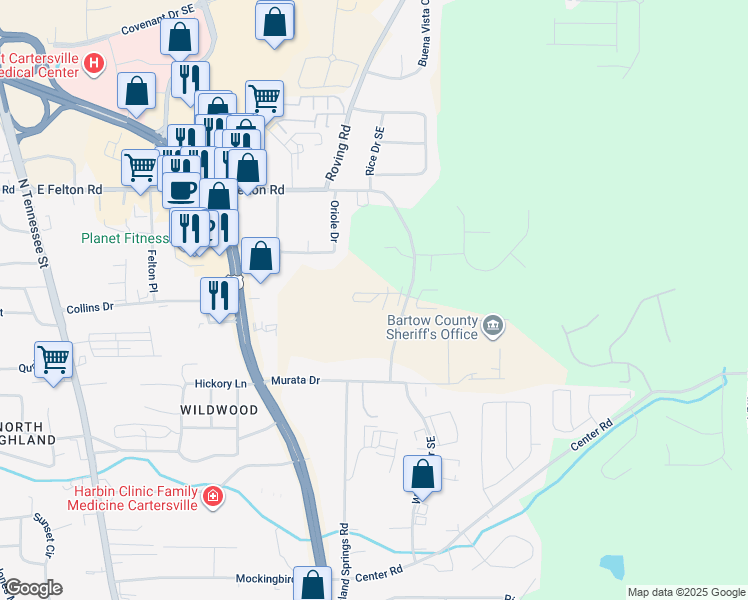 map of restaurants, bars, coffee shops, grocery stores, and more near 1400 Stonehaven Circle in Cartersville