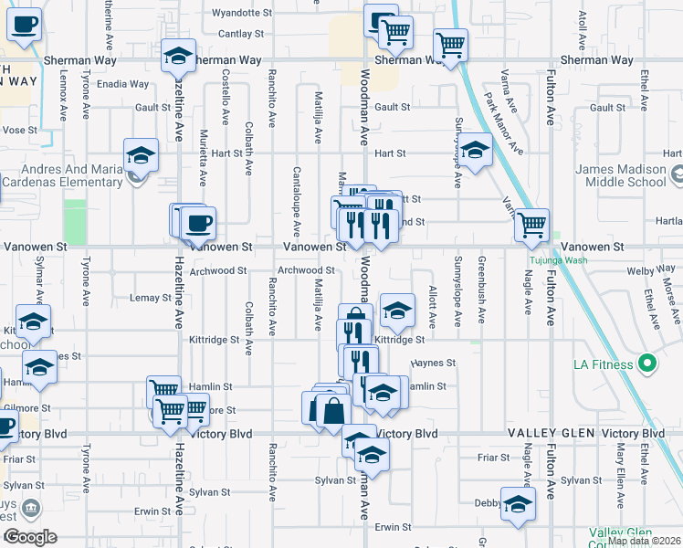 map of restaurants, bars, coffee shops, grocery stores, and more near 6724 Mammoth Avenue in Los Angeles