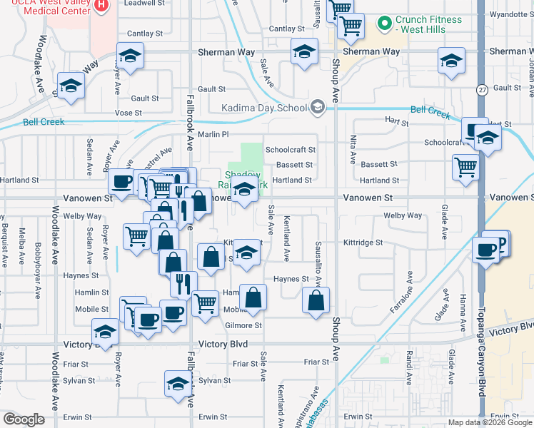 map of restaurants, bars, coffee shops, grocery stores, and more near 6719 Sale Avenue in Los Angeles