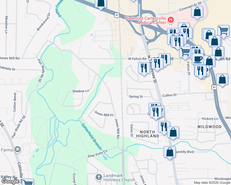 map of restaurants, bars, coffee shops, grocery stores, and more near 943 Jones Mill Road in Cartersville