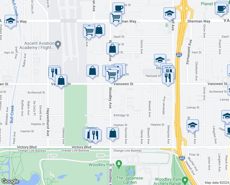 map of restaurants, bars, coffee shops, grocery stores, and more near 6736 Woodley Avenue in Van Nuys
