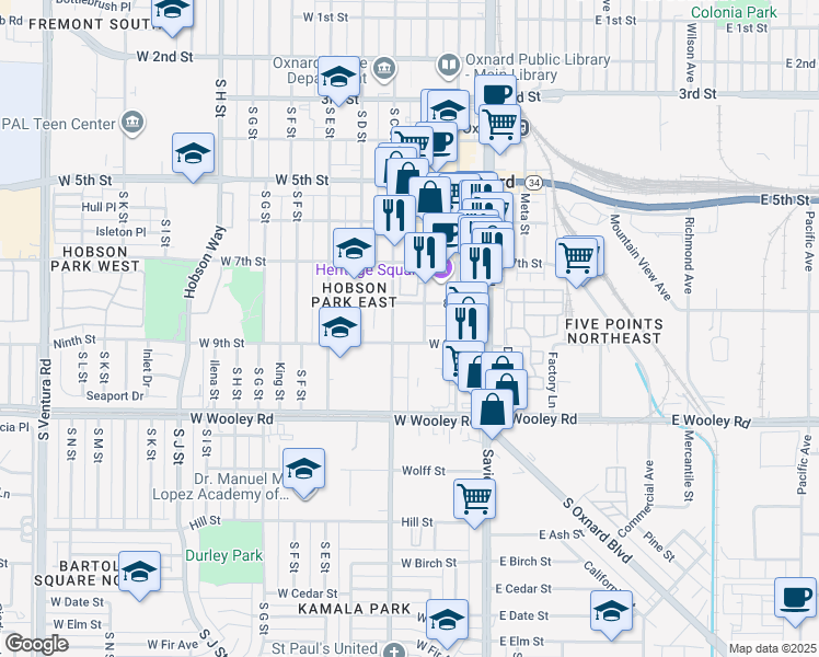 map of restaurants, bars, coffee shops, grocery stores, and more near 865 South B Street in Oxnard