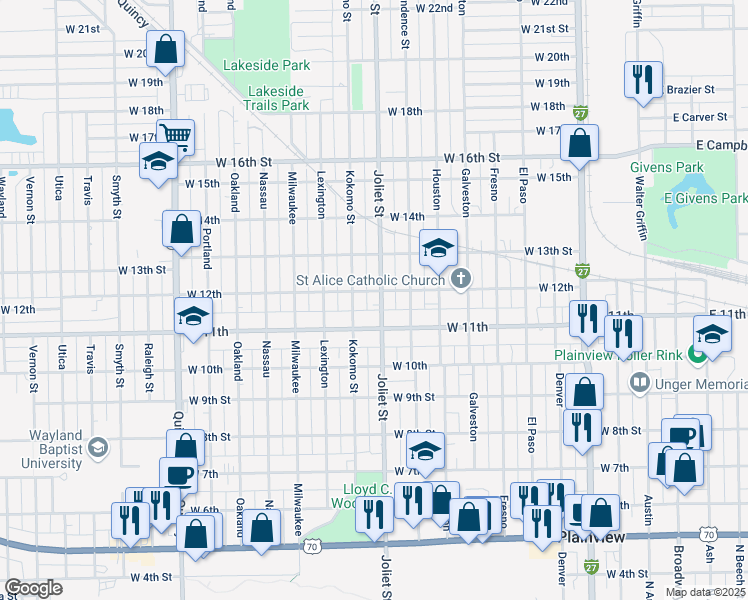 map of restaurants, bars, coffee shops, grocery stores, and more near in Plainview
