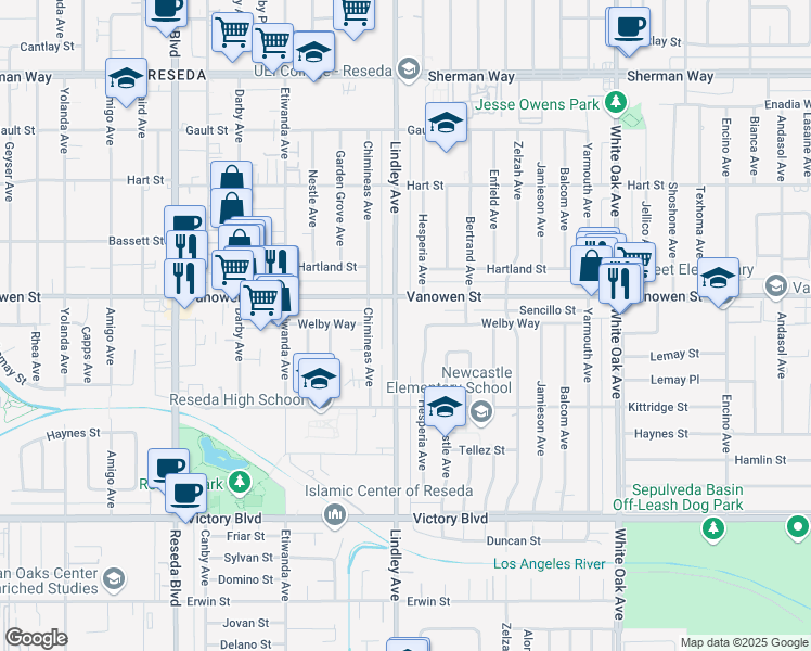 map of restaurants, bars, coffee shops, grocery stores, and more near 6728 Lindley Avenue in Los Angeles