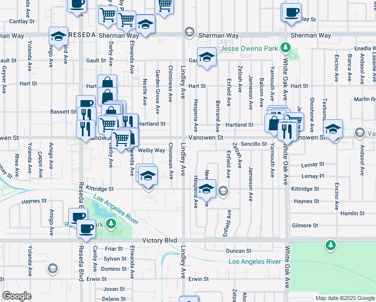 map of restaurants, bars, coffee shops, grocery stores, and more near 6728 Lindley Avenue in Los Angeles