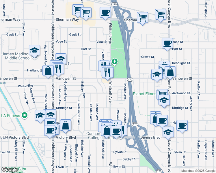 map of restaurants, bars, coffee shops, grocery stores, and more near 6727 Whitsett Avenue in Los Angeles