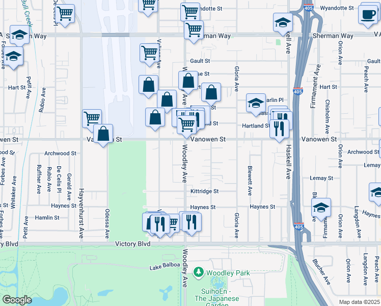 map of restaurants, bars, coffee shops, grocery stores, and more near 6736 Woodley Avenue in Los Angeles