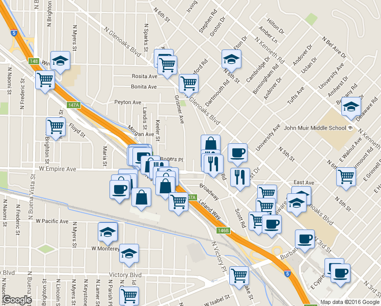 map of restaurants, bars, coffee shops, grocery stores, and more near 1608 Grismer Avenue in Burbank
