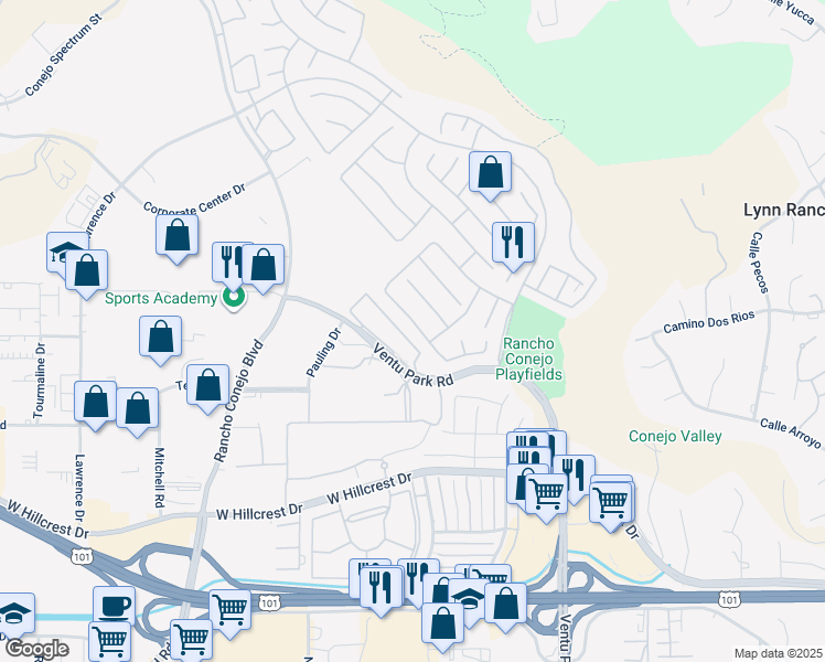 map of restaurants, bars, coffee shops, grocery stores, and more near 1811 Fox Springs Circle in Thousand Oaks