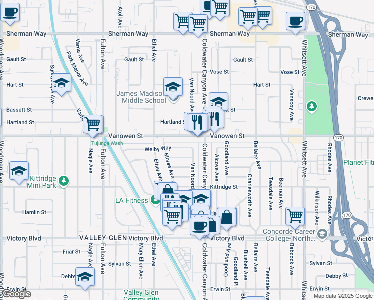 map of restaurants, bars, coffee shops, grocery stores, and more near 12961 Archwood Street in Los Angeles