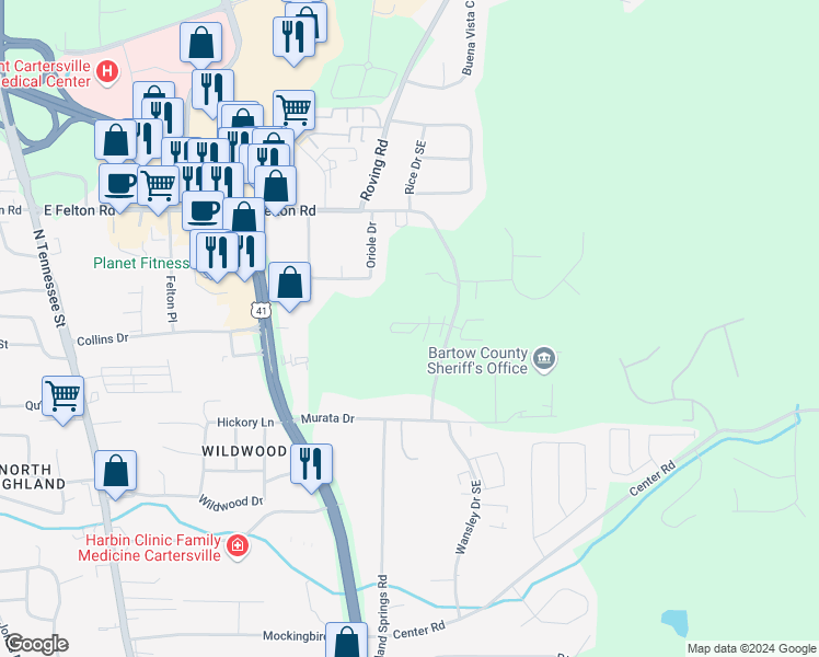 map of restaurants, bars, coffee shops, grocery stores, and more near 501 Stonehaven Circle in Cartersville