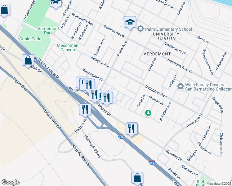 map of restaurants, bars, coffee shops, grocery stores, and more near 6155 Palm Avenue in San Bernardino