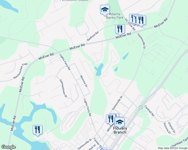 map of restaurants, bars, coffee shops, grocery stores, and more near 5836 Screech Owl Drive in Flowery Branch