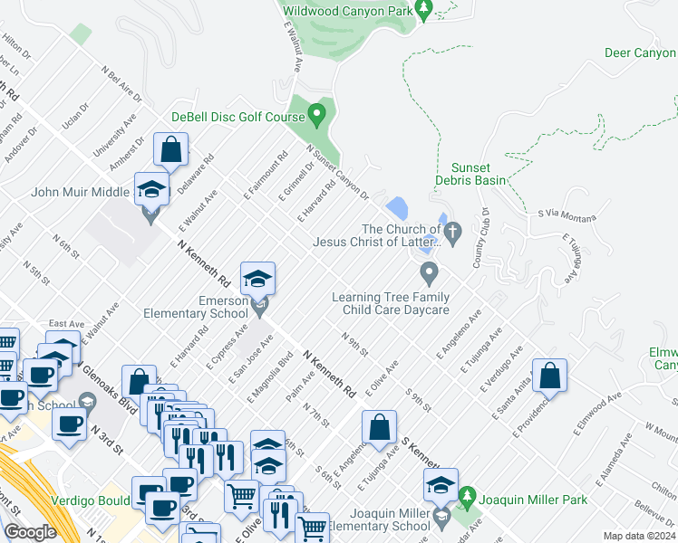 map of restaurants, bars, coffee shops, grocery stores, and more near 430 North Bel Aire Drive in Burbank