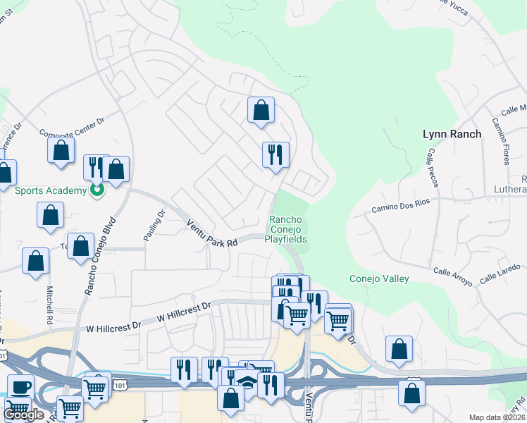 map of restaurants, bars, coffee shops, grocery stores, and more near 1016 Cactus Court in Thousand Oaks