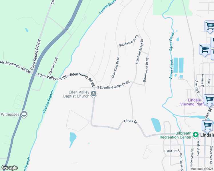map of restaurants, bars, coffee shops, grocery stores, and more near 1 Club View Drive Southeast in Rome