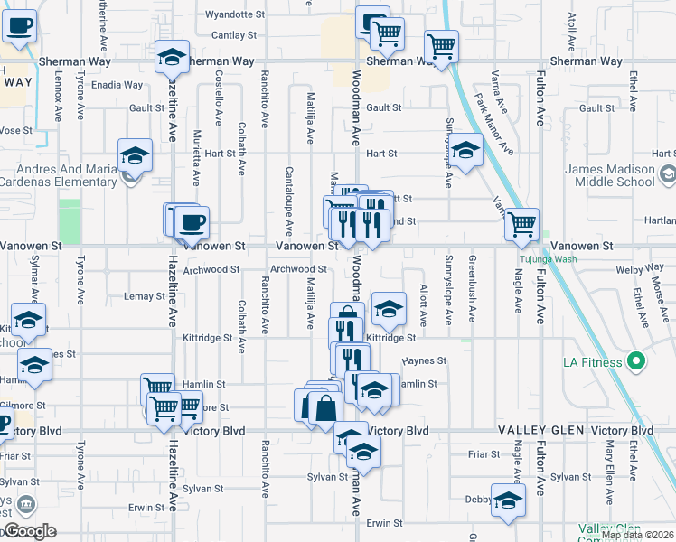 map of restaurants, bars, coffee shops, grocery stores, and more near 6724 Mammoth Avenue in Los Angeles