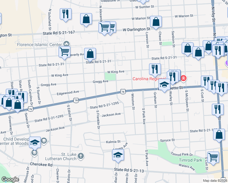 map of restaurants, bars, coffee shops, grocery stores, and more near 302 Lafayette Circle in Florence