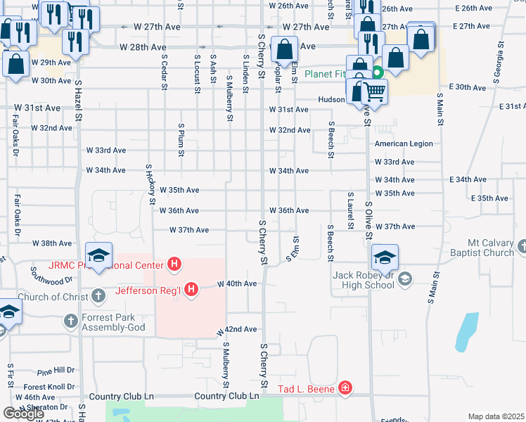 map of restaurants, bars, coffee shops, grocery stores, and more near 3601 South Cherry Street in Pine Bluff