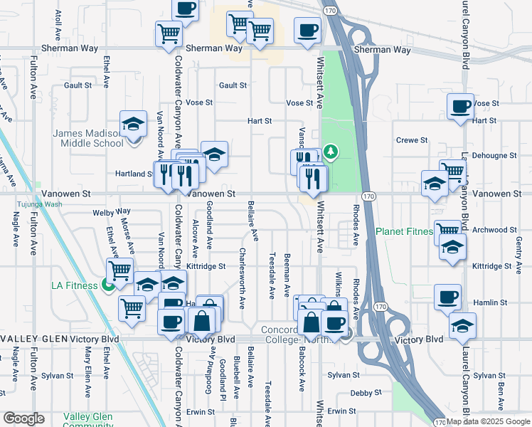 map of restaurants, bars, coffee shops, grocery stores, and more near 12658 Welby Way in Los Angeles
