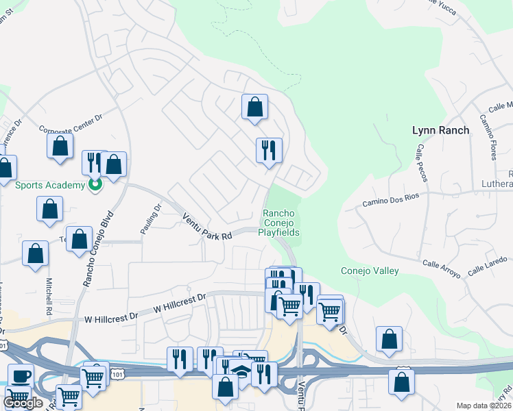 map of restaurants, bars, coffee shops, grocery stores, and more near 1016 Cactus Court in Thousand Oaks