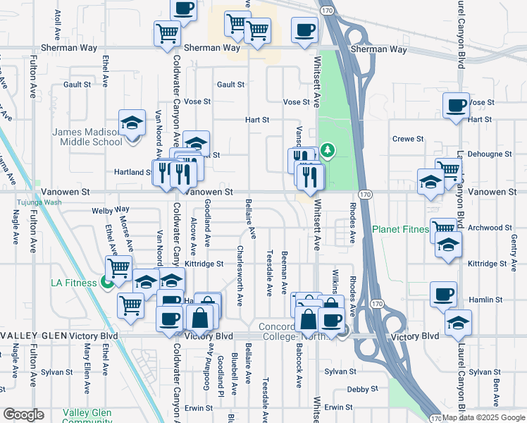 map of restaurants, bars, coffee shops, grocery stores, and more near 12658 Welby Way in Los Angeles