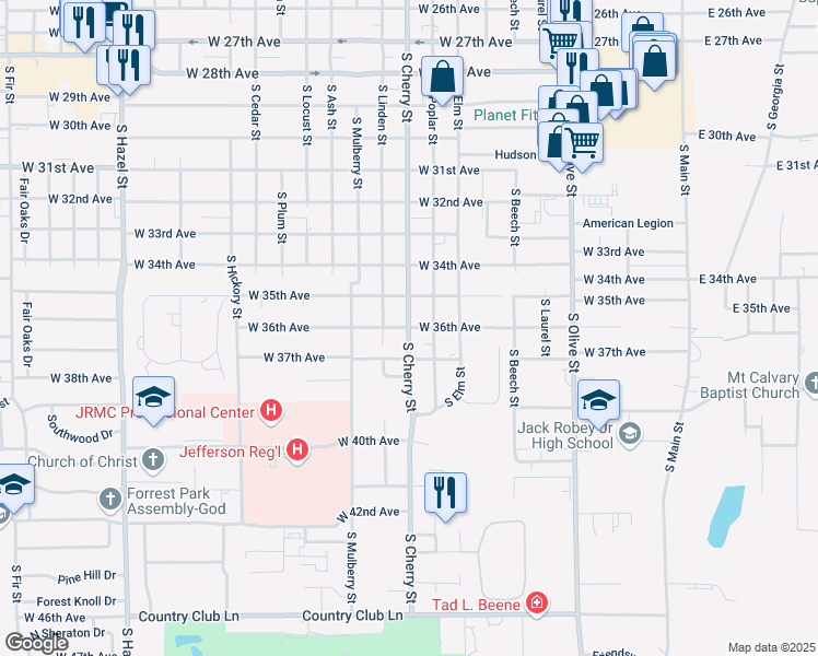 map of restaurants, bars, coffee shops, grocery stores, and more near 3601 South Cherry Street in Pine Bluff