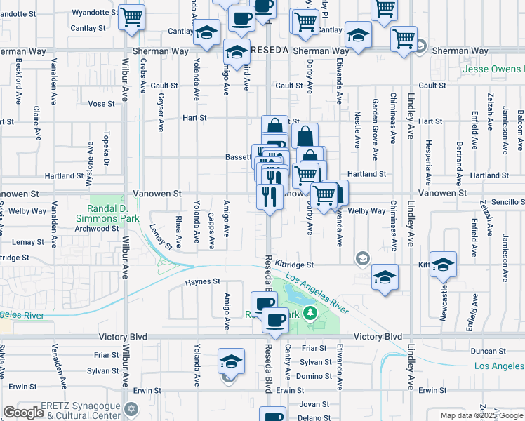 map of restaurants, bars, coffee shops, grocery stores, and more near 6700 Reseda Boulevard in Los Angeles