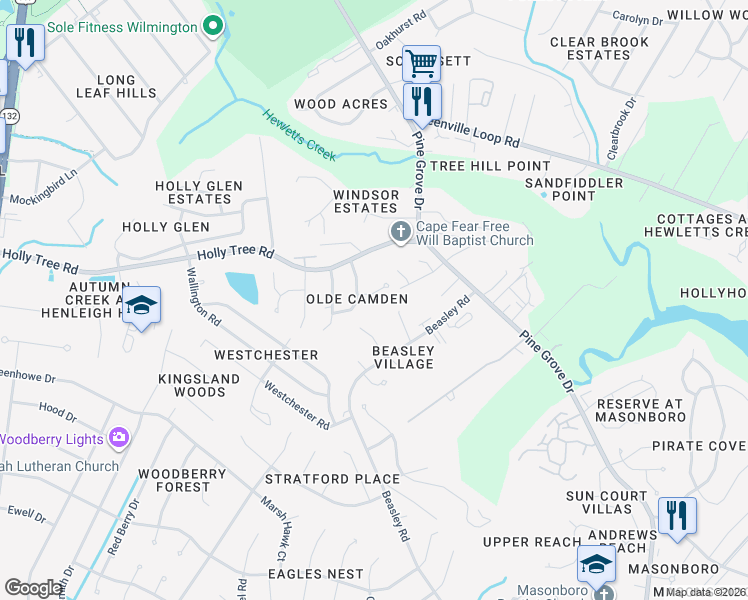 map of restaurants, bars, coffee shops, grocery stores, and more near 119 Capps Court in Wilmington