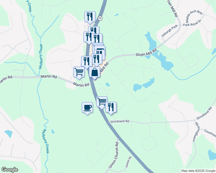 map of restaurants, bars, coffee shops, grocery stores, and more near 4202 Holcomb Circle in Flowery Branch