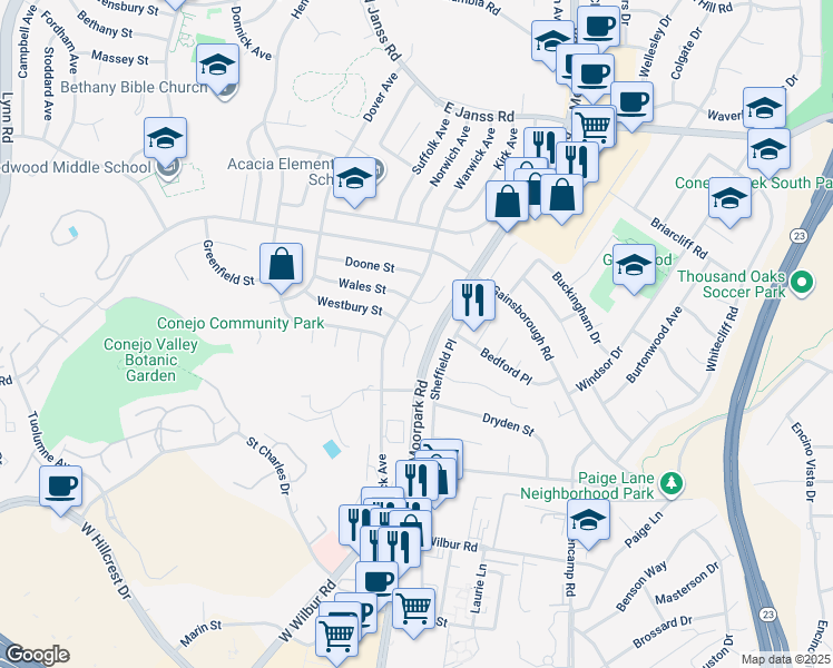 map of restaurants, bars, coffee shops, grocery stores, and more near 1116 Enfield Circle in Thousand Oaks