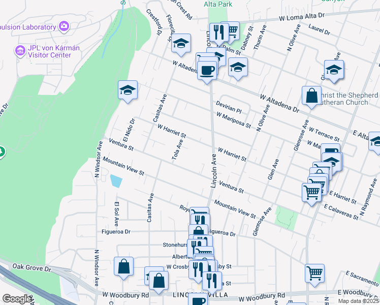 map of restaurants, bars, coffee shops, grocery stores, and more near 527 Ventura Street in Altadena