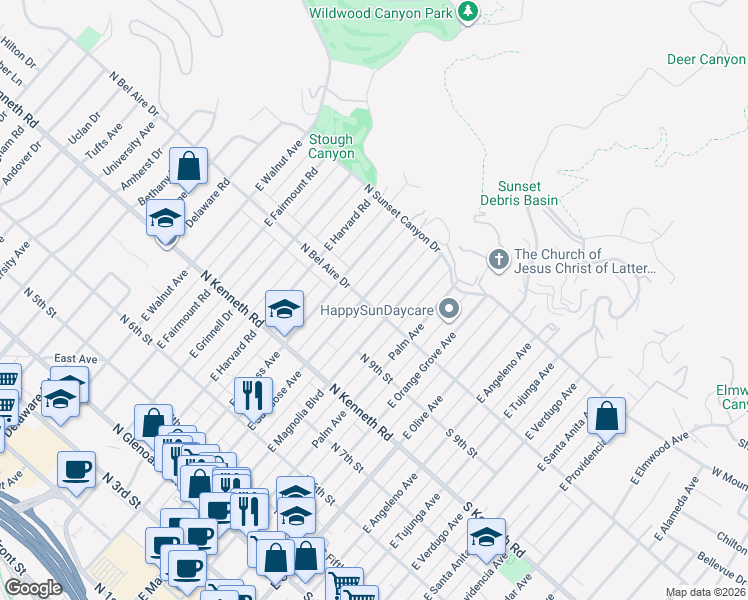 map of restaurants, bars, coffee shops, grocery stores, and more near 400 North Bel Aire Drive in Burbank