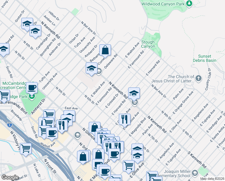 map of restaurants, bars, coffee shops, grocery stores, and more near 721 East Grinnell Drive in Burbank