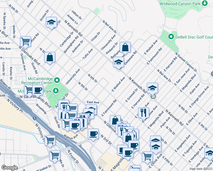 map of restaurants, bars, coffee shops, grocery stores, and more near 615 East Walnut Avenue in Burbank