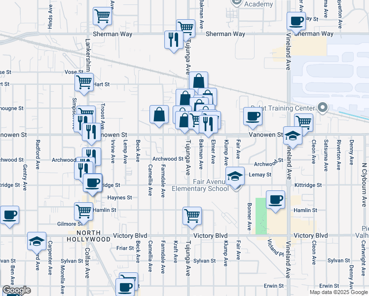 map of restaurants, bars, coffee shops, grocery stores, and more near 6708 Kraft Avenue in Los Angeles