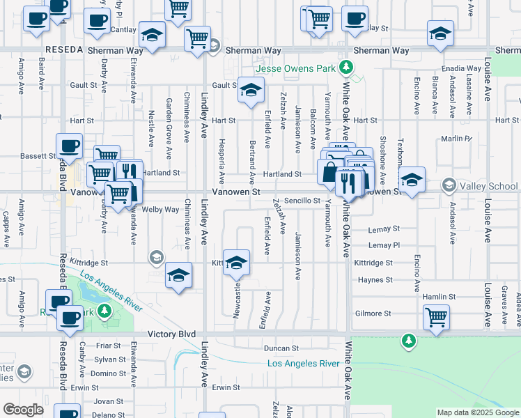 map of restaurants, bars, coffee shops, grocery stores, and more near 17930 Welby Way in Los Angeles